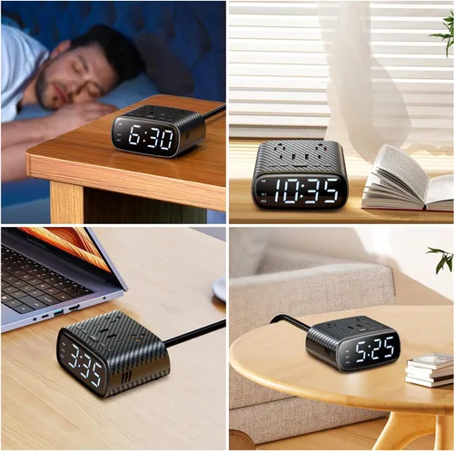 Miniatura 7 de Sussex Reloj despertador con 2 USB-C, 2 cargadores USB-A, 2 tomas de corriente, 2 tomacorrientes, pantalla LED, reloj digital regulable con función