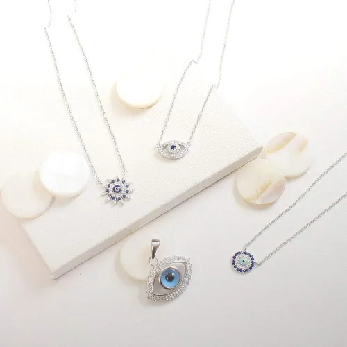 Miniatura 9 de Collar con colgante CZ mal de ojo azul blanco de plata de ley 925