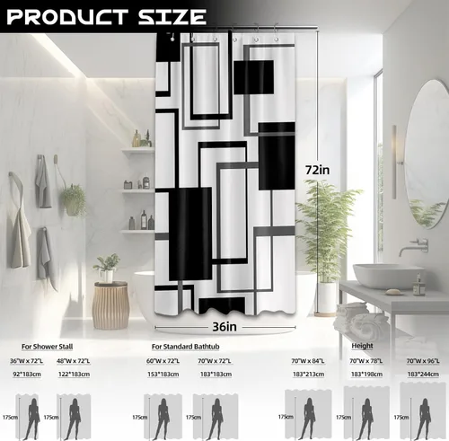 Miniatura 2 de Cortina de Ducha en Blanco y Negro Geométrica Cortinas de Ducha para Decoración de Baños de Hombres Juego de Cortina de Baño en Negro Blanco y Gris