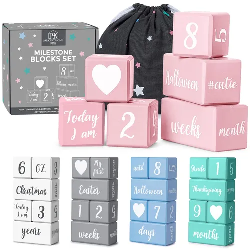 Bloques de hitos mensuales de bebé rosa con bolsa. Bloques de edad para bebé para niña o niño, accesorios para fotos de bebé y baby shower. Bloques