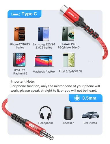 Miniatura 6 de JSAUX - Cable USB C a conector de audio auxiliar de 3,5 mm para iPhone 17 Pro Max/Air [1 m], cable tipo C a auriculares de 3,5 mm para coche estéreo