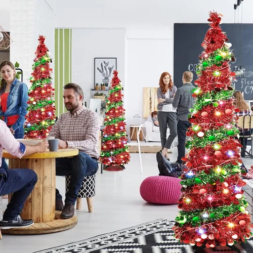 Miniatura 7 de Árbol de Navidad plegable de lentejuelas de 5 pies con 90 luces LED, árbol de Navidad de oropel delgado con soporte para apartamentos Rojo y verde