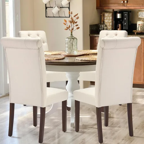 Miniatura 5 de Juego de 2 sillas de comedor capitoné, sillas de comedor Parsons tapizadas, sillas auxiliares de cocina de tela con patas de madera, beige