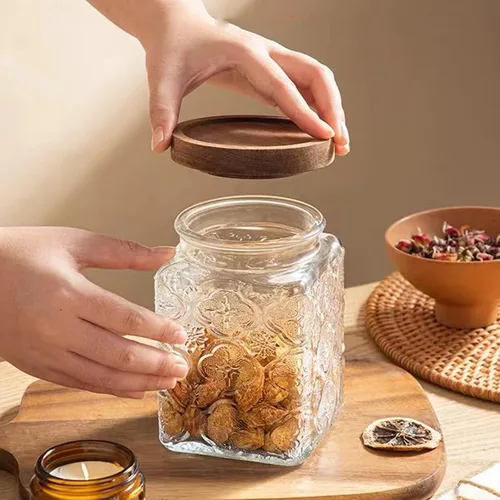 Miniatura 7 de Juego de 2 tarros de almacenamiento herméticos de vidrio vintage, con tapa de madera hermética, recipientes de almacenamiento de alimentos