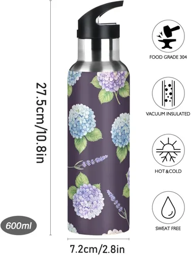 Miniatura 9 de Hydrangea Lavender Purple Blue Stainless Steel Water Bottle 32 Oz, BPA-Free Sport Water Bottle Leakproof Water Bottles
