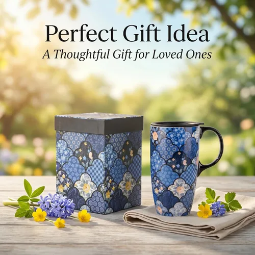 Miniatura 5 de Topadorn Taza de café de cerámica con tapa a prueba de derrames, taza de café para el hogar y la oficina con caja de regalo, color azul