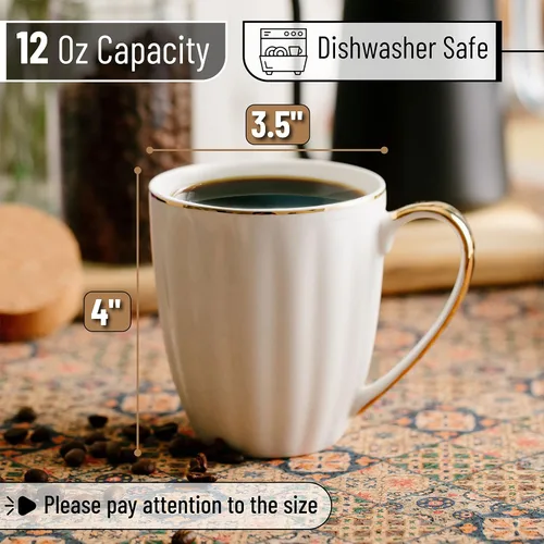 Miniatura 3 de BTaT - Juego de 6 tazas de café blancas (12 onzas), juego de tazas de café blancas de porcelana con diseño de ribete dorado, regalos de Navidad