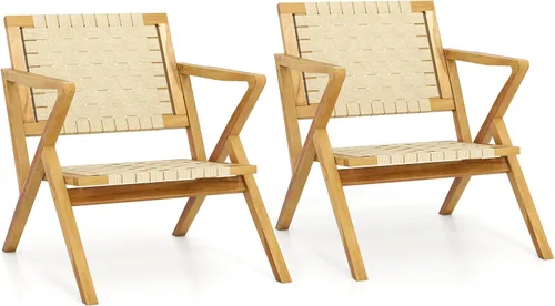 Miniatura 10 de Tangkula Silla de comedor de madera de teca para exteriores, sillón rústico de madera para patio con asiento y respaldo de cincha, para sala