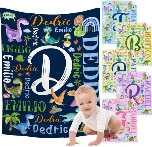 Miniatura 16 de Manta de franela de vellón de dinosaurio con nombre para niñas y niños recién nacidos, regalos personalizados, manta de forro polar suave