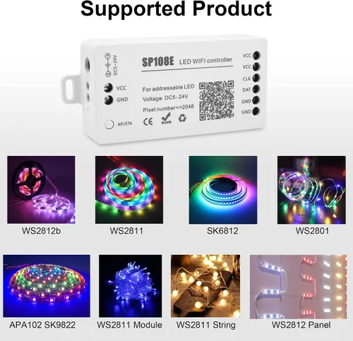Miniatura 8 de VIPMOON SP108E controlador WiFi LED, control remoto inalámbrico para WS2811 WS2815 WS2801 SK6812 WS2813 SK9822 APA102C RGB direccionable tira