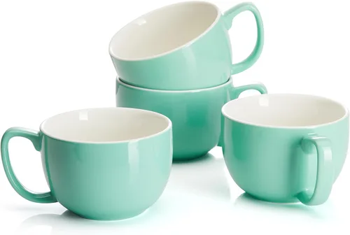 Miniatura 13 de Teocera Juego de 4 tazas de café grandes de 16 onzas, tazas de porcelana blanca gruesa para capuchino, café con leche, té y chocolate caliente