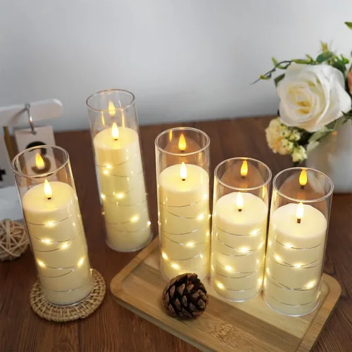 Miniatura 6 de Velas sin llama, con cadena de estrellas incorporada, velas operadas por baterías, velas LED parpadeantes, velas de pilar con control remoto