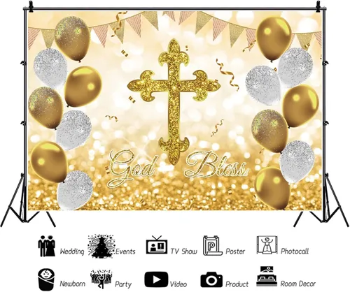 Miniatura 2 de Telón de fondo de 5 x 3 pies para fiesta de bautismo, primera comunión, fondo de bautizo, globos dorados con purpurina para baby shower, fiesta