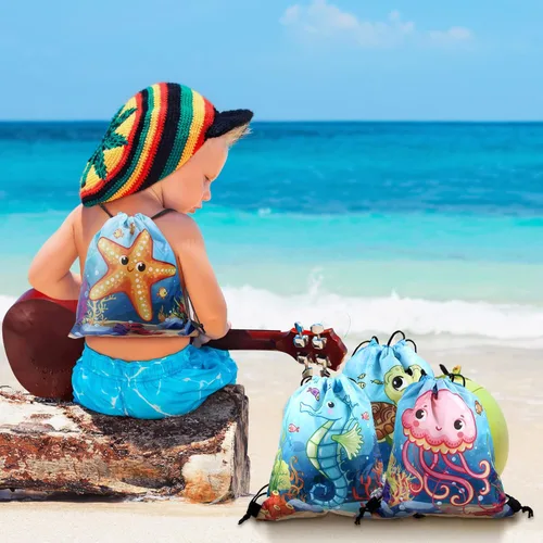 Miniatura 7 de Frienda 24 bolsas con cordón para recuerdos de fiesta oceánica, bolsas de dulces, mochila bajo el mar con criaturas para niños, suministros
