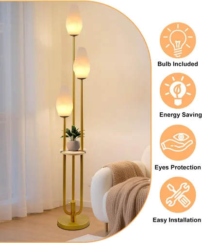 Miniatura 3 de Lámpara de pie dorada con bandeja, lámparas de pie regulables de 3 luces con pantalla en forma de roca, estilo portavelas único, lámpara de pie alta