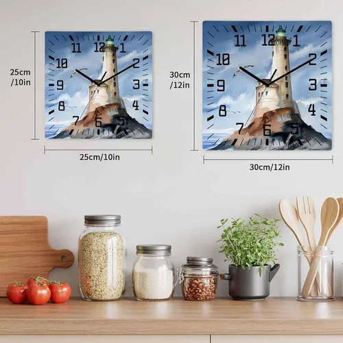 Miniatura 6 de Lighthouse - Reloj de pared de madera silencioso, sin tictac, náutica isla costera, gris, vintage, acuarela, reloj de pared cuadrado, funciona