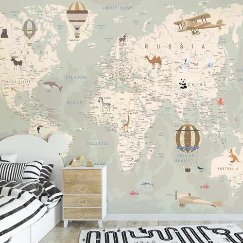 Miniatura 11 de Papel tapiz de mapa del mundo para niños con animales, calcomanías educativas para despegar y pegar, murales de guardería para bebés, niños