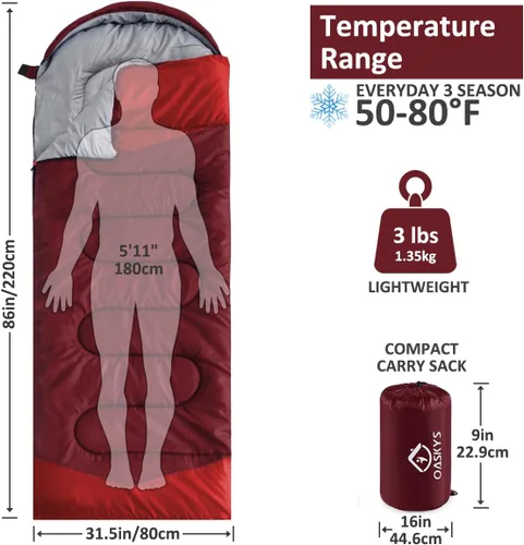 Miniatura 2 de Oaskys - Saco de dormir para acampar, para 3 estaciones, clima cálido y fresco, verano, primavera, otoño, ligero, resistente al agua, para adultos