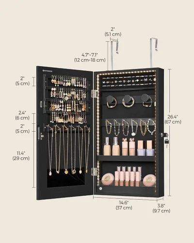 Miniatura 6 de SONGMICS Armario de joyería con espejo con luces LED integradas, organizador de almacenamiento de joyas montado en la pared o en la puerta, 3.8 x