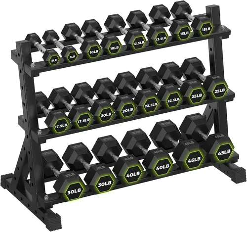 Miniatura 23 de HANDBODE Soporte para mancuernas de 3 niveles, estante de almacenamiento de capacidad de 1000 libras, estante de pesas para mancuernas, pesas rusas