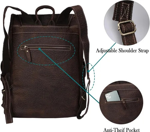 Miniatura 5 de Mochila retro de cuero genuino para hombre, adecuada para portátiles de 16 pulgadas, para viajes de negocios, mochila diaria, Gris, Mochilas de viaje
