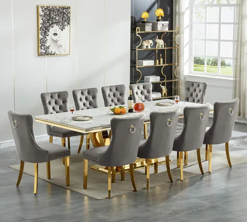 Miniatura 7 de Juego de mesa de comedor grande y moderna de mármol sintético blanco de 94.5 pulgadas, juego de mesa de comedor de 10 piezas con 10 sillas tapizadas