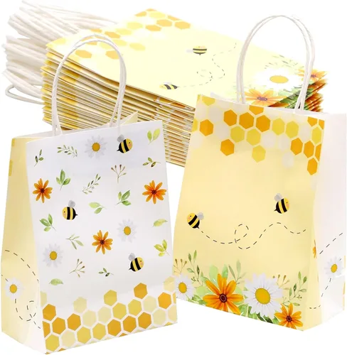 Winoo Design Bolsas de regalo de abeja con asas, 16 unidades, bolsas de papel de abeja para recuerdos de fiesta para decoraciones de fiesta de
