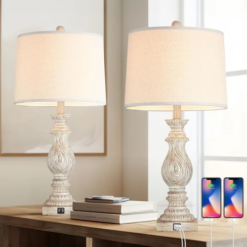 26.3” Rustic Table Lamps Set of 2 for Living Room Bedroom Beside Lamps with USB Charging Ports,Vintage Nightstand Lamp Farmhouse Dimmable End Table