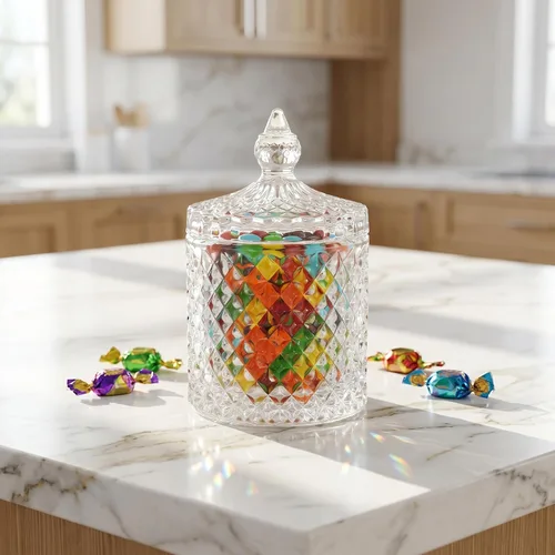Miniatura 7 de Hedume Paquete de 4 tarros facetados de diamantes de cristal con tapa de cristal, juego de organización de almacenamiento de alimentos de vidrio
