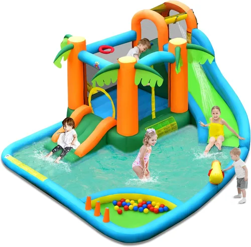 Miniatura 10 de HONEY JOY Tobogán acuático inflable, parque acuático gigante 7 en 1, casa hinchable para patio trasero al aire libre, pared de escalada, toboganes