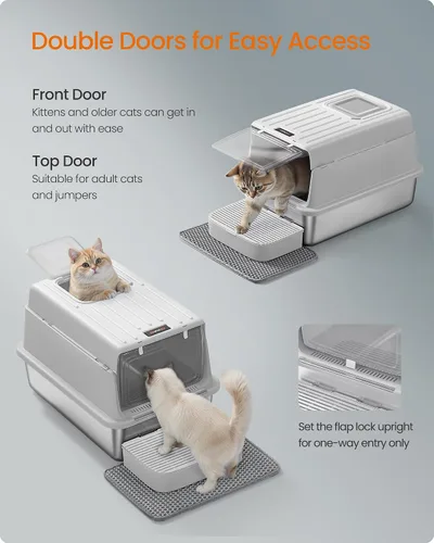 Miniatura 5 de Feandrea Caja de arena para gatos de acero inoxidable con tapa abatible, alfombrilla y caja, 2 puertas, cuchara, para gatos de hasta 33 libras, gris
