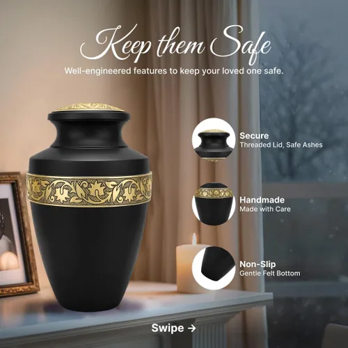 Miniatura 5 de Juego de 6 urnas funerarias decorativas negras y doradas personalizadas/grabadas para cenizas humanas, hombres y mujeres, con 1 urna grande