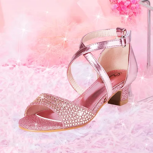 Miniatura 6 de Chumchoi Sandalias para niñas con diamantes de imitación, tacón bajo, correa de tobillo, vestido de tacón alto, boda, fiesta, para niños pequeños