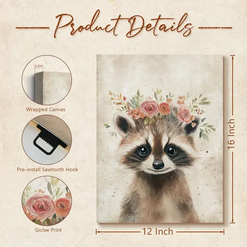 Miniatura 6 de Bonito mapache impreso para pared, póster retro de retrato de animales, divertido mapache con corona, pintura de granja, bosque, animales