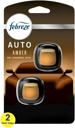 Febreze Ambientador de coche con clip de ventilación, eliminador de olores, aroma ámbar automático, 2 clips