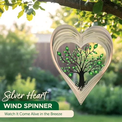 Miniatura 2 de ISEO Molinillo de viento de corazón plateado para patio y jardín, decoración colgante al aire libre, decoraciones de porche y patio, resistente a