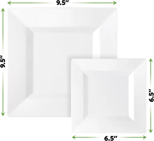 Miniatura 2 de SETUP Juego de vajilla de plástico cuadrado blanco de 60 piezas, 30 platos de cena de 9.5 pulgadas y 30 platos de ensalada de 6.5 pulgadas, Platos