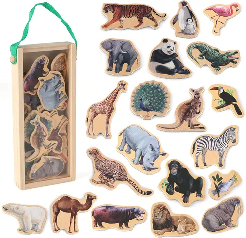 Imanes para refrigeradora Steventoys para niños - Imanes de animales de zoológico para nevera para niños pequeños - Juguetes magnéticos de madera