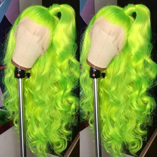 Miniatura 23 de Missyvan - Pelucas de encaje frontal verde para mujeres, ondas corporales, con detalles en negro y verde, tiras de rayas de zorrillo, sin pegamento