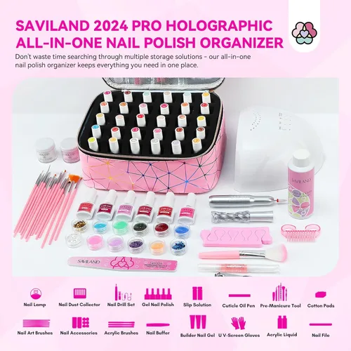 Miniatura 3 de SAVILAND Bolsa Organizadora de Esmalte de Uñas: Organizador de Almacenamiento de Esmalte de Uñas de Cuero PU que Contiene 30 Botellas y Lámpara