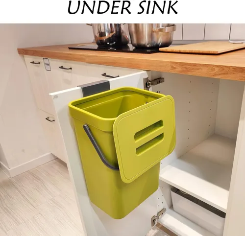 Miniatura 3 de stonespace Cubo de basura pequeño con tapa, cubo de compostaje montable para interiores, cubo de basura colgante con tapa para Verde