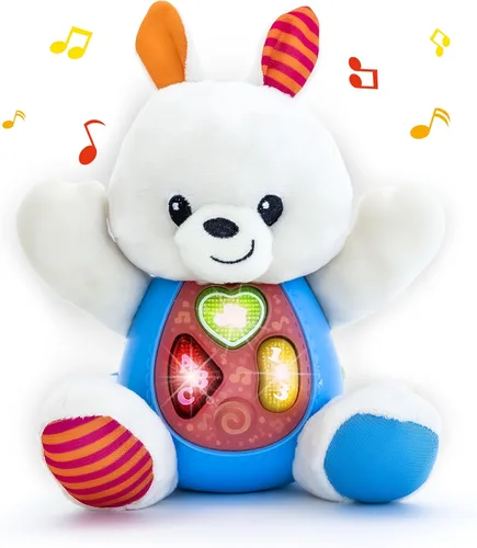 KiddoLab Juguete de peluche de conejo de Pascua, animal de peluche musical con 3 botones iluminados, 8 divertidas rimas y efectos de sonido, relleno