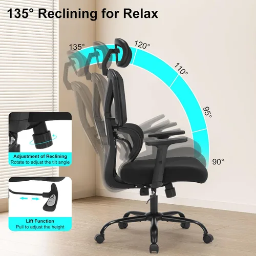 Miniatura 3 de Silla de oficina ergonómica, silla de escritorio ejecutiva de malla con respaldo alto con altura ajustable y reposabrazos ajustables, soporte