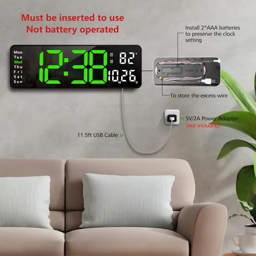 Miniatura 5 de Zgrmbo Reloj de pared digital de 13 pulgadas con control remoto, reloj digital grande con fecha, semana, temperatura, alarma, temporizador, reloj