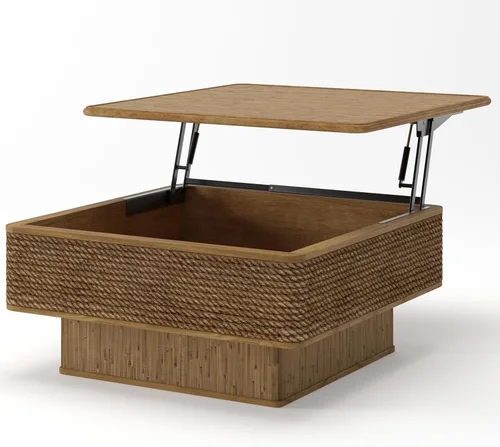 Miniatura 7 de 31.52" Square Lift Top Coffee Table with Storage, Natural Rattan & Hemp Rope, Adjustable Function, Vintage Farmhouse Center Table for Living Room