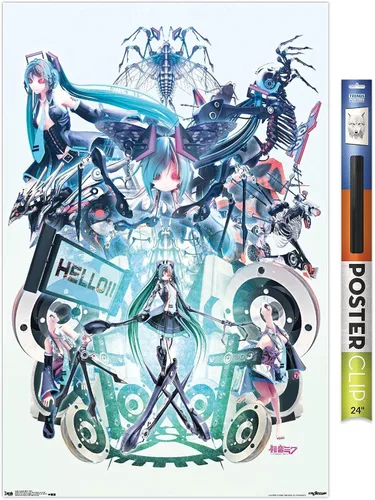 Miniatura 13 de Trends International Hatsune Miku - Póster de pared Hello, 14.725 x 22.375 pulgadas, versión con marco de madera tipo granero