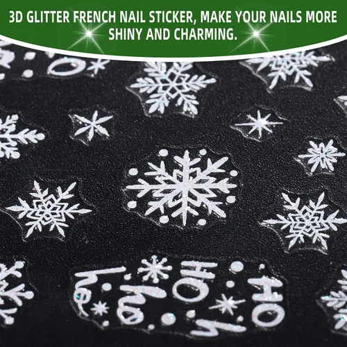Miniatura 5 de Calcomanías de uñas de copos de nieve, 4 hojas 5D en relieve de Navidad, calcomanías de uñas de copo de nieve con purpurina blanca, calcomanías