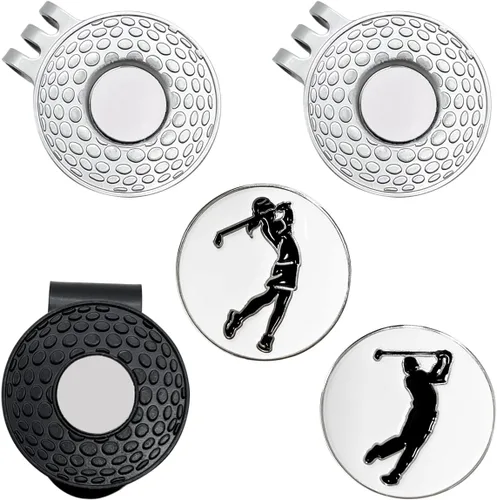 Paquete de 2 marcadores de pelota de golf con clips de sombrero de golf de color plateado + 1 paquete de clip negro para sombrero de golf, 3 clips