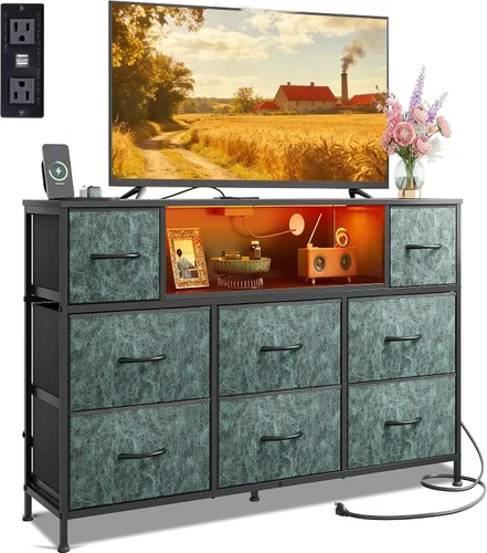 Miniatura 19 de WLIVE - Soporte de TV con cómoda en negro para TV de 45, 50, 55 pulgadas, centro de entretenimiento con luces LED y estación de carga, cómoda con 8