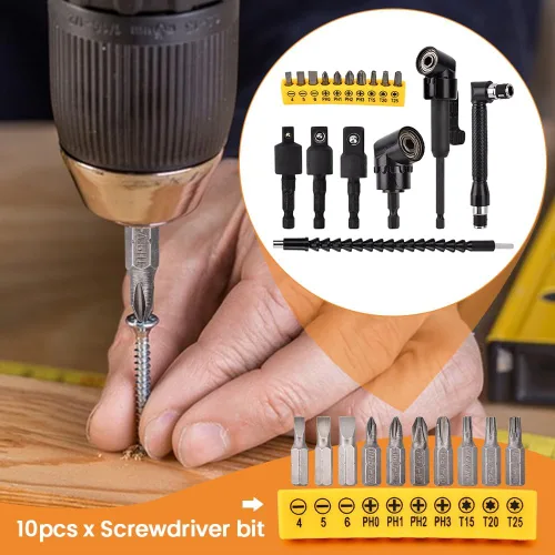 Miniatura 6 de 17 extensiones de broca flexible, con 3 adaptadores de enchufe giratorios, 2 accesorios de taladro hexagonal de 105° en ángulo recto, 10 puntas